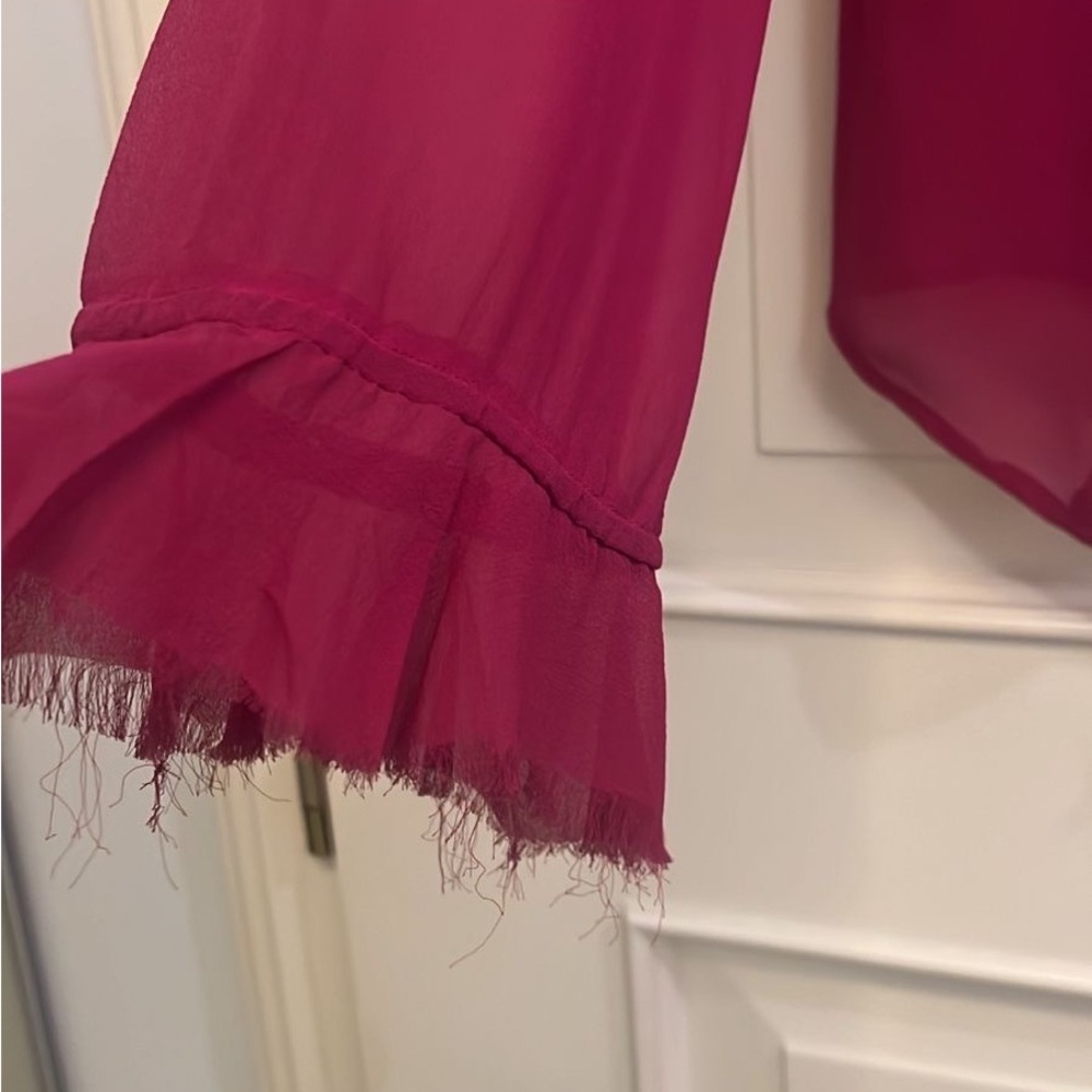 Y2K vintage Guess silk Fuchsia Ruffled Tie Front Blouse - Picture 4 of 6